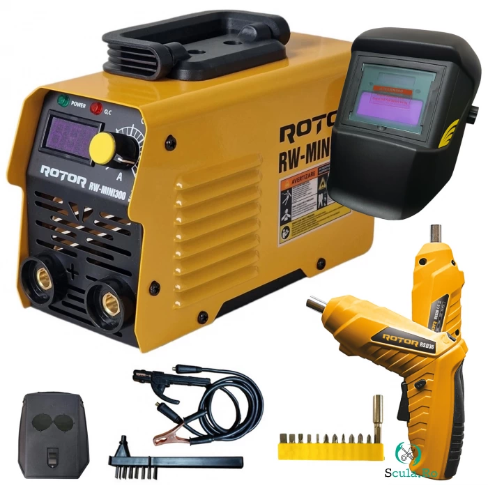Pachet Aparat de sudura de tip invertor Rotor RW-MINI300 + Surubelnita pe acumulator Rotor RSD36, masca de sudura automata, 300A, Diametru electrozi 1.6-4mm, Accesorii incluse la 436.00 lei ron