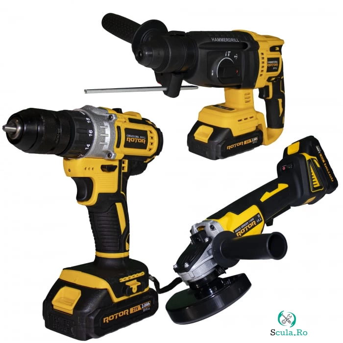 Set 3 scule cu acumulator (polizor unghiular, rotopercutor, autofiletanta) Rotor, 21V la 920.00 lei ron