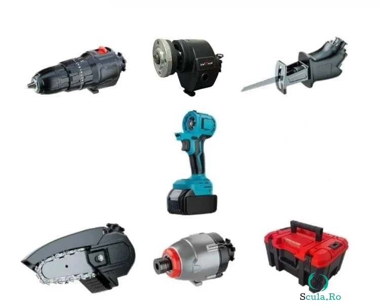Trusa scule 5 in 1 cu 1 acumulator 21V, bormasina, cheie impact, minidrujba, fierastrau sabie