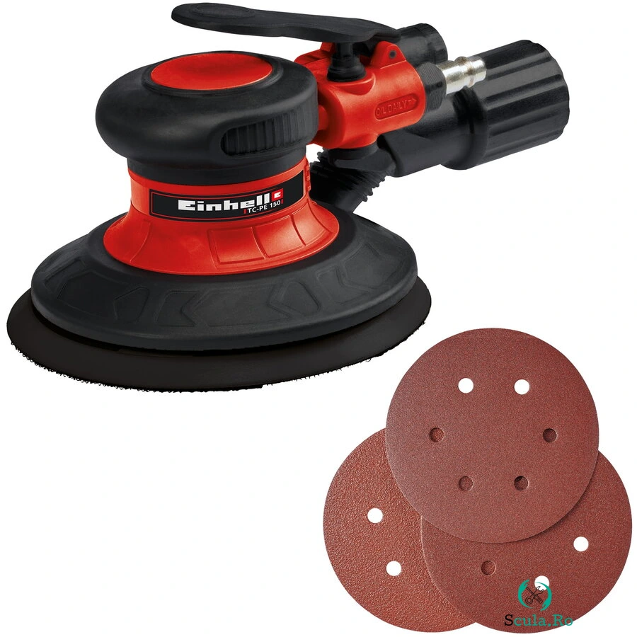 Einhell Slefuitor rotativ pneumatic pentru compresor Einhell TC-PE 150, 6.4 bar, 100 l/min, 150 mm diametru disc, 6 discuri abrazive, Negru-Rosu la 394.02 lei ron