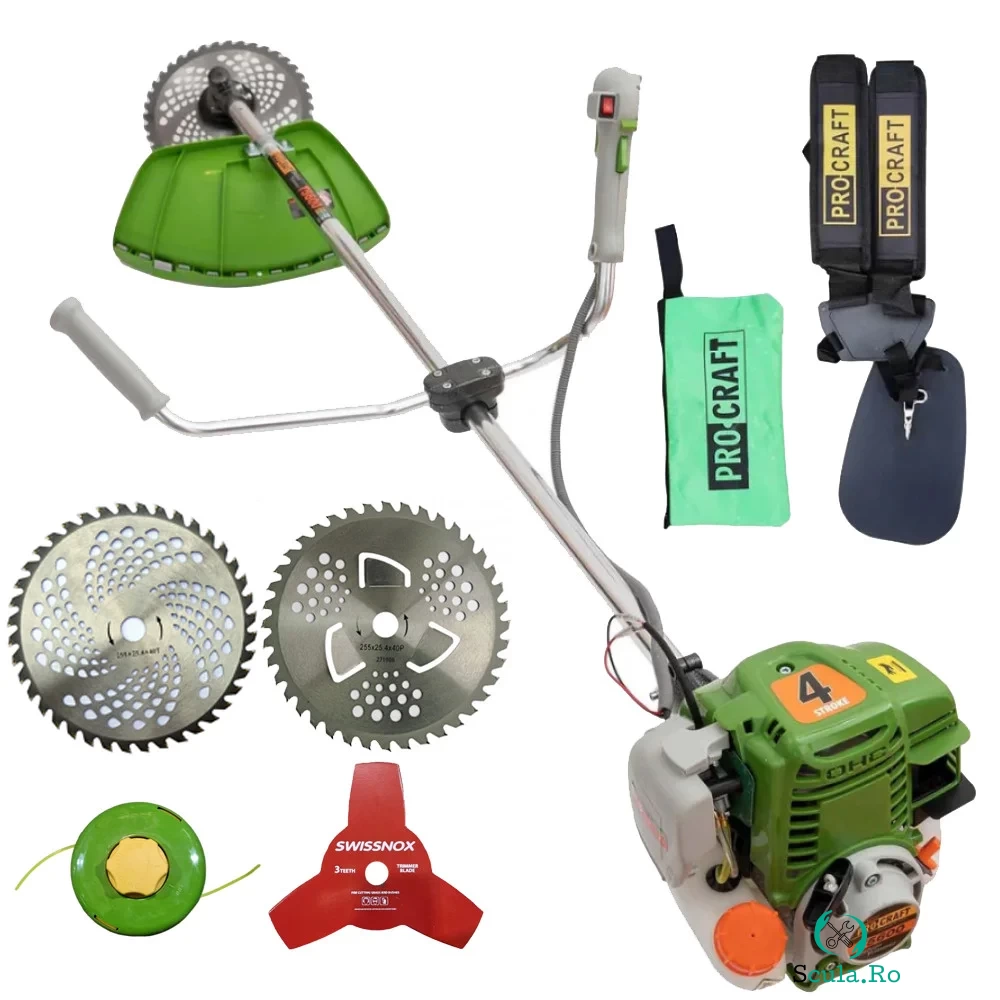 Motocoasa 4 timpi ProCraft T5600, 6.3CP, 9000RPM, 4 Tipuri de taiere, Ham dublu la 650.00 lei ron