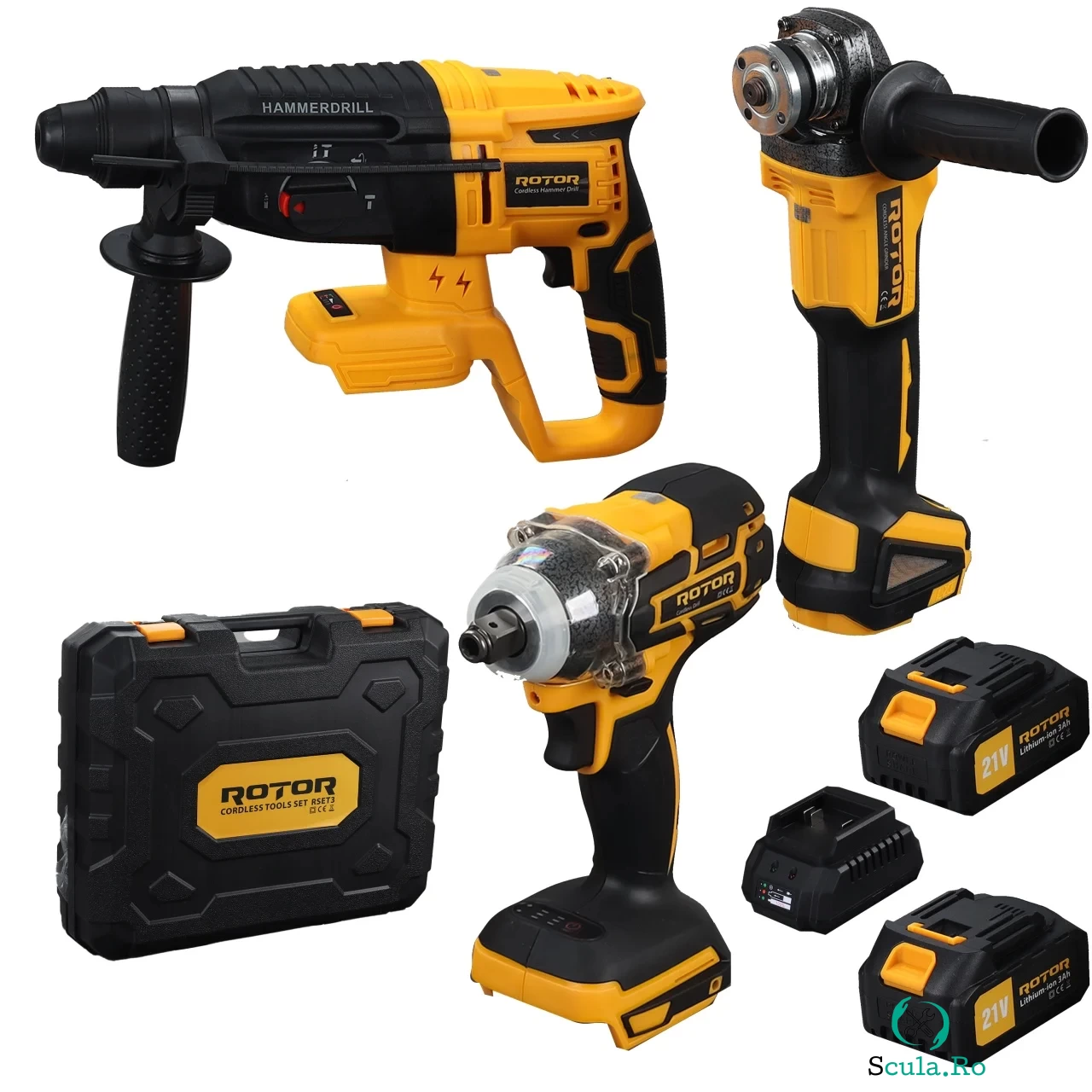 Trusa de scule 3in1 Rotor cu Rotopercutor, Polizor unghiular (flex), Autofiletanta 21V 3Ah, 950-1700RPM la 793.00 lei ron