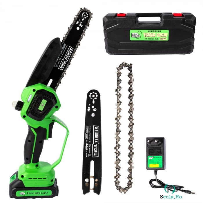 Minifierastrau Micul Fermier, 20V 1.5Ah, 1 lama 6, + lant, 1 lama 8, + lant, acumulator si incarcator incluse